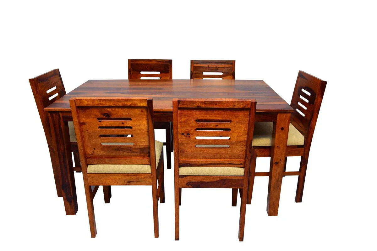 Hunky Haven 6-Seater Sheesham Wood Dining Table Set with Quartz Top (Teak Finish)