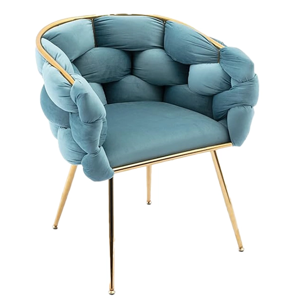 Hunky Luxurious Velvet Barrel Accent Puffy Chair with C-Shaped Design, Woven Wrap-Around Back, and Metal Legs