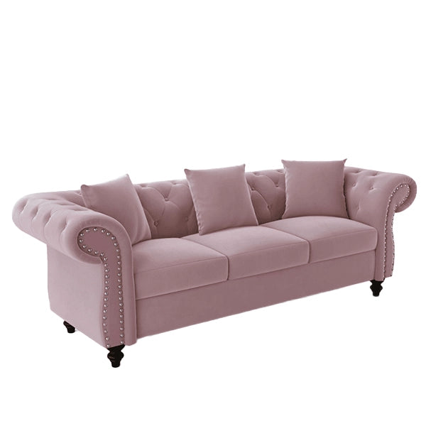 Hunky Suede fabric Chesterfield Curved Arm Sofa Set With Pine Wood legs