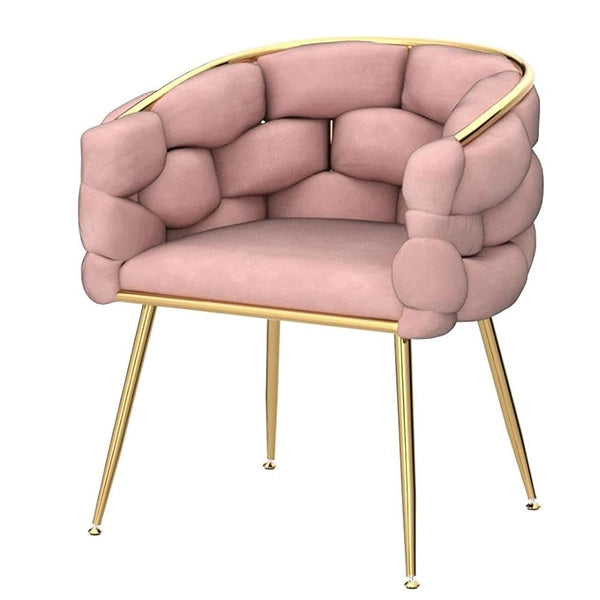 Hunky Luxurious Velvet Barrel Accent Puffy Chair with C-Shaped Design, Woven Wrap-Around Back, and Metal Legs