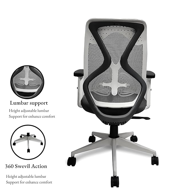 Hunky Spine Medium Back ( Black / White/ Grey ) With 2D Adjustable PU Padded Armrest ,3 Year Warranty , Lumbar Support ,Smart Synchro Multi Lock Mechanism & Heavy Duty Nylon Base (White & Grey )