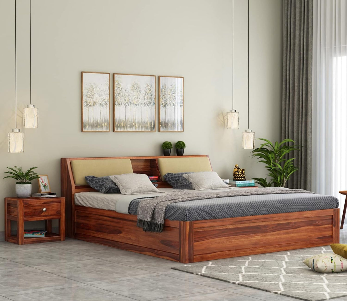 Hunky Sheesham Wood King Size Storage Bed – Wooden Double Bed for Bedroom & Living Room