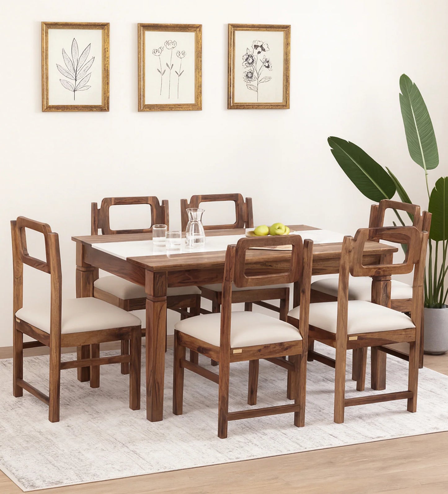 Hunky Haven 6-Seater Sheesham Wood Dining Table Set with Quartz Top (Teak Finish)