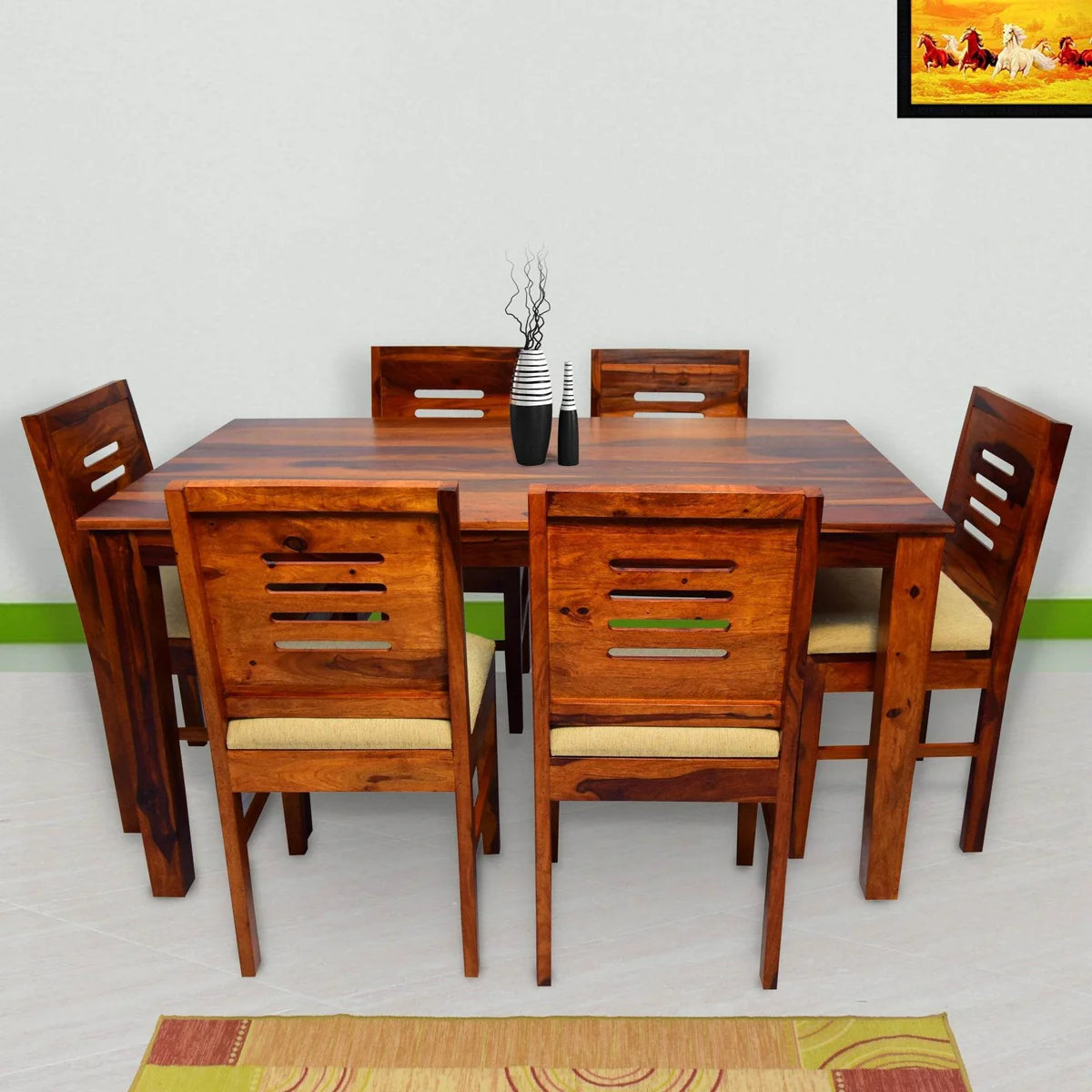 Hunky Haven 6-Seater Sheesham Wood Dining Table Set with Quartz Top (Teak Finish)