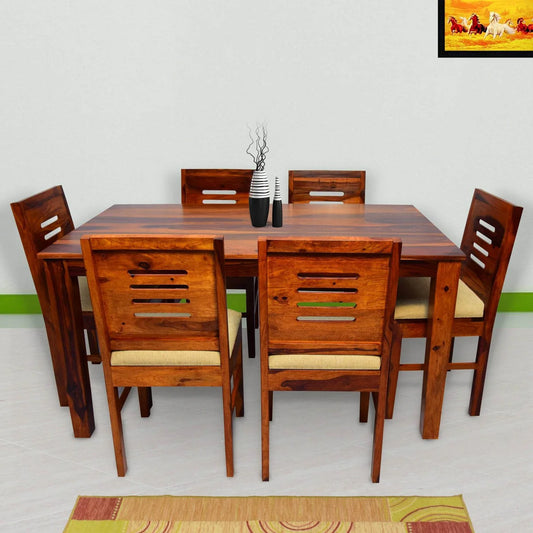 Hunky Haven 6-Seater Sheesham Wood Dining Table Set with Quartz Top (Teak Finish)