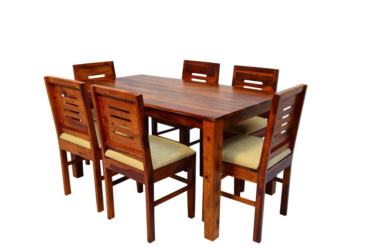 Hunky Haven 6-Seater Sheesham Wood Dining Table Set with Quartz Top (Teak Finish)