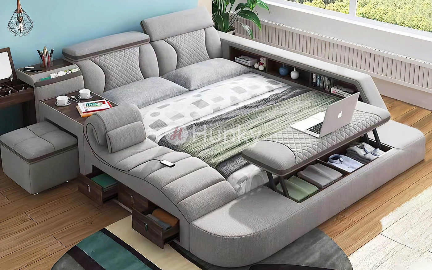Hunky Modular Futuristic Multifunctional Smart Bed With Built in Massage Chair and Storage Space