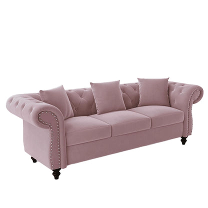 Hunky Suede fabric Chesterfield Curved Arm Sofa Set With Pine Wood legs