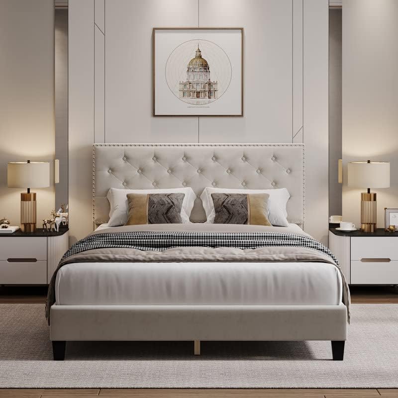 Hunky King Size Upholstered Bed | Fabric Cushioned Platform Bed for Modern Bedrooms
