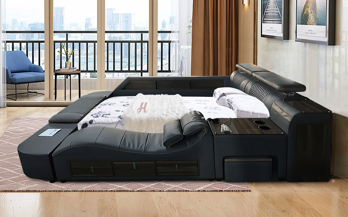 Hunky Modular Futuristic Multifunctional Smart Bed With Built in Massage Chair and Storage Space