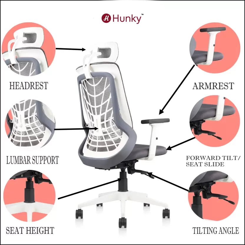 Hunky Spider High Back Office Chair | 5 Year Warranty | Mess Ergonomic Chair With Multi Lock Mechanism | 2D Armrest