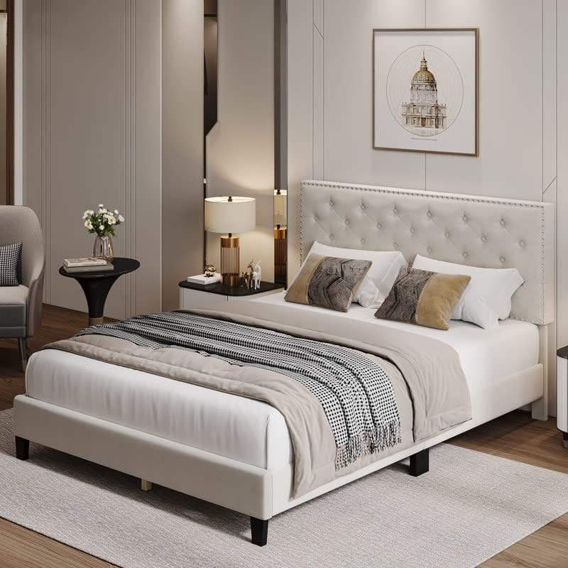 Hunky King Size Upholstered Bed | Fabric Cushioned Platform Bed for Modern Bedrooms