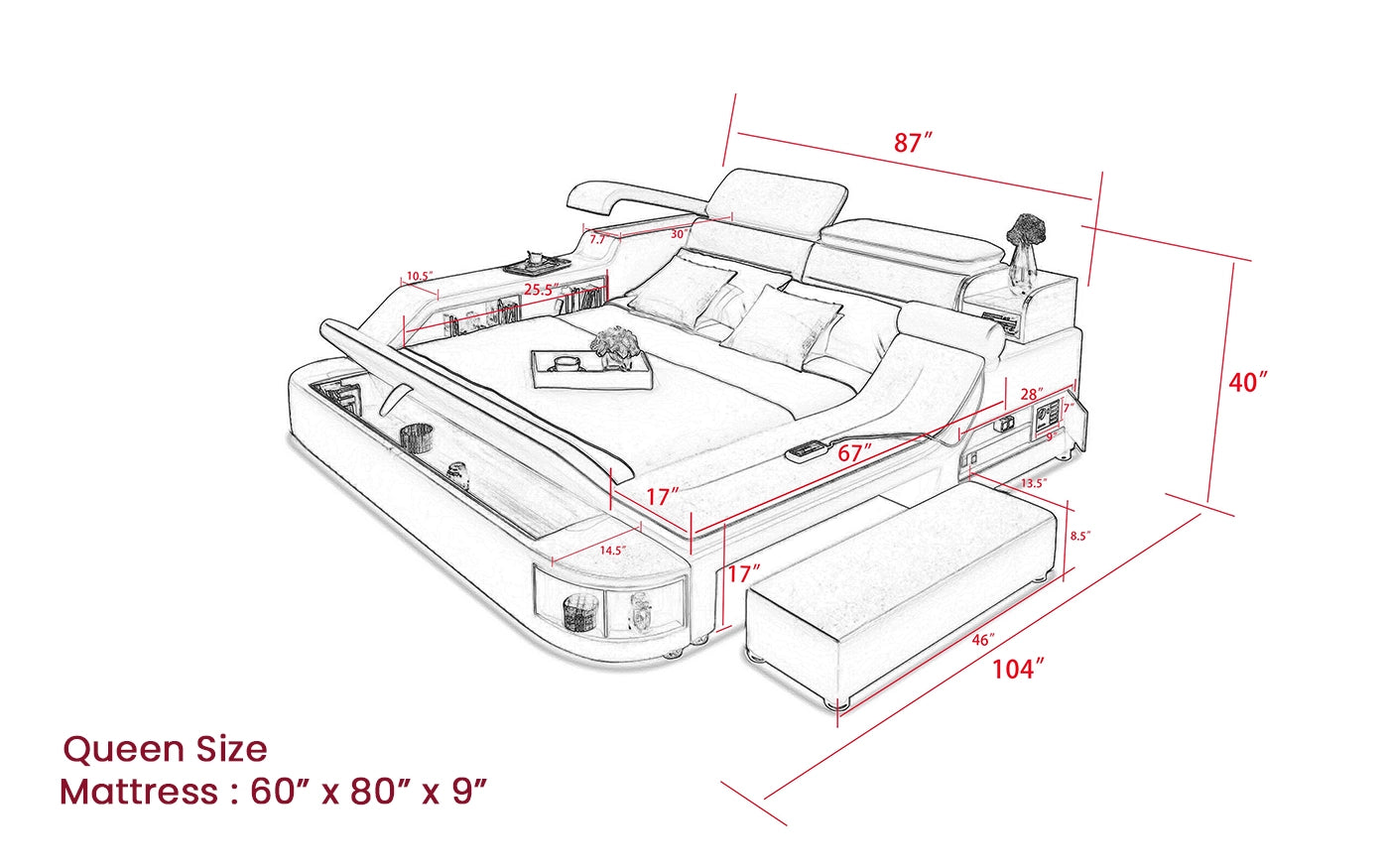 Hunky Multifunctional Modern Smart Bed With Built-In Massage Chair and Bluetooth Speakers