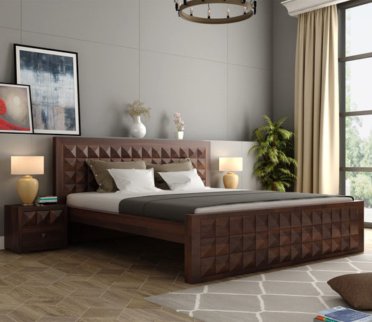 Hunky Solid Sheesham Wood Queen Size Bed for Bedroom Without Storage | Wooden Double Bed for Living Room & Home | Platform Bed Cot Furniture (Walnut Finish)