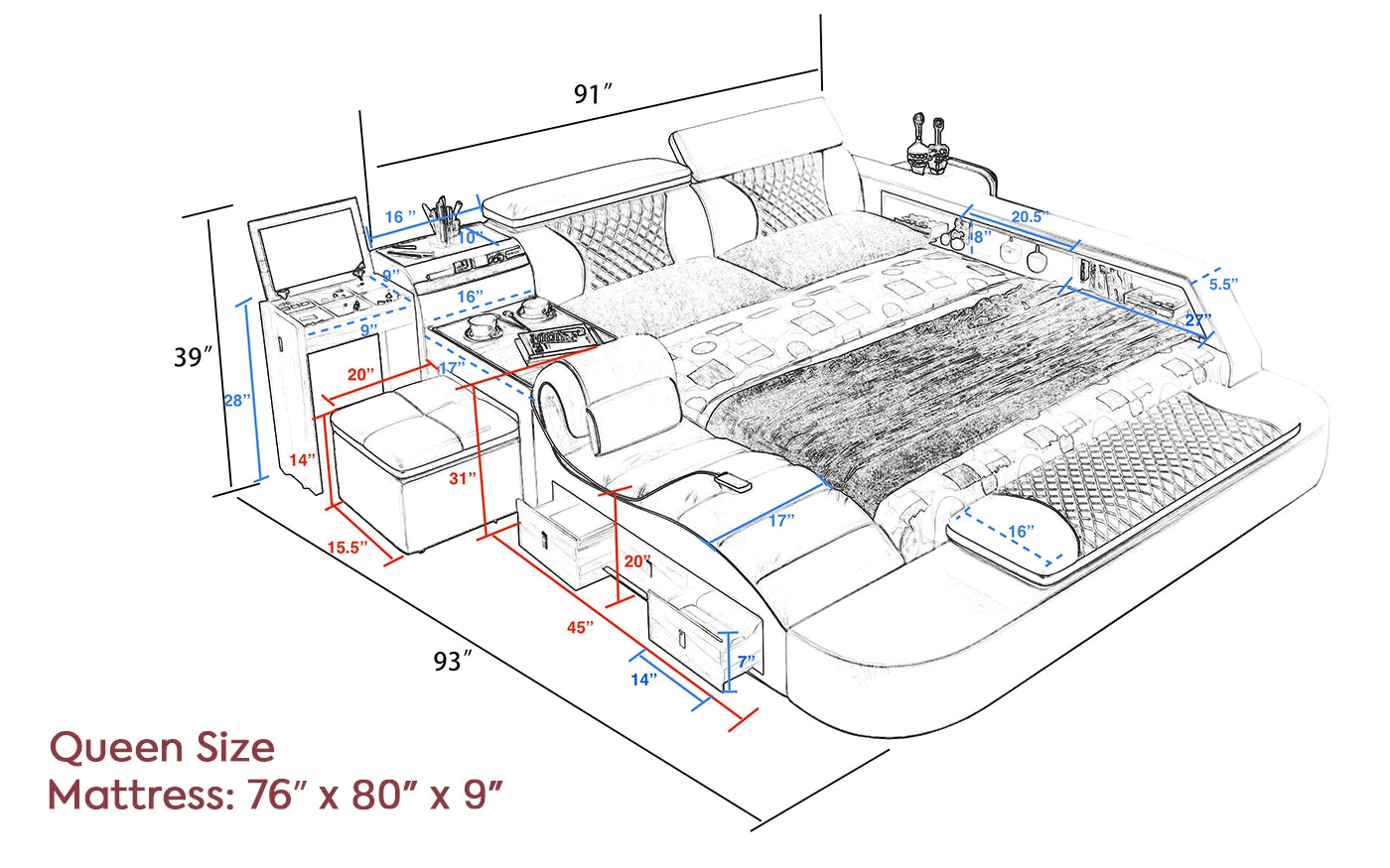Hunky Modular Futuristic Multifunctional Smart Bed With Built in Massage Chair and Storage Space