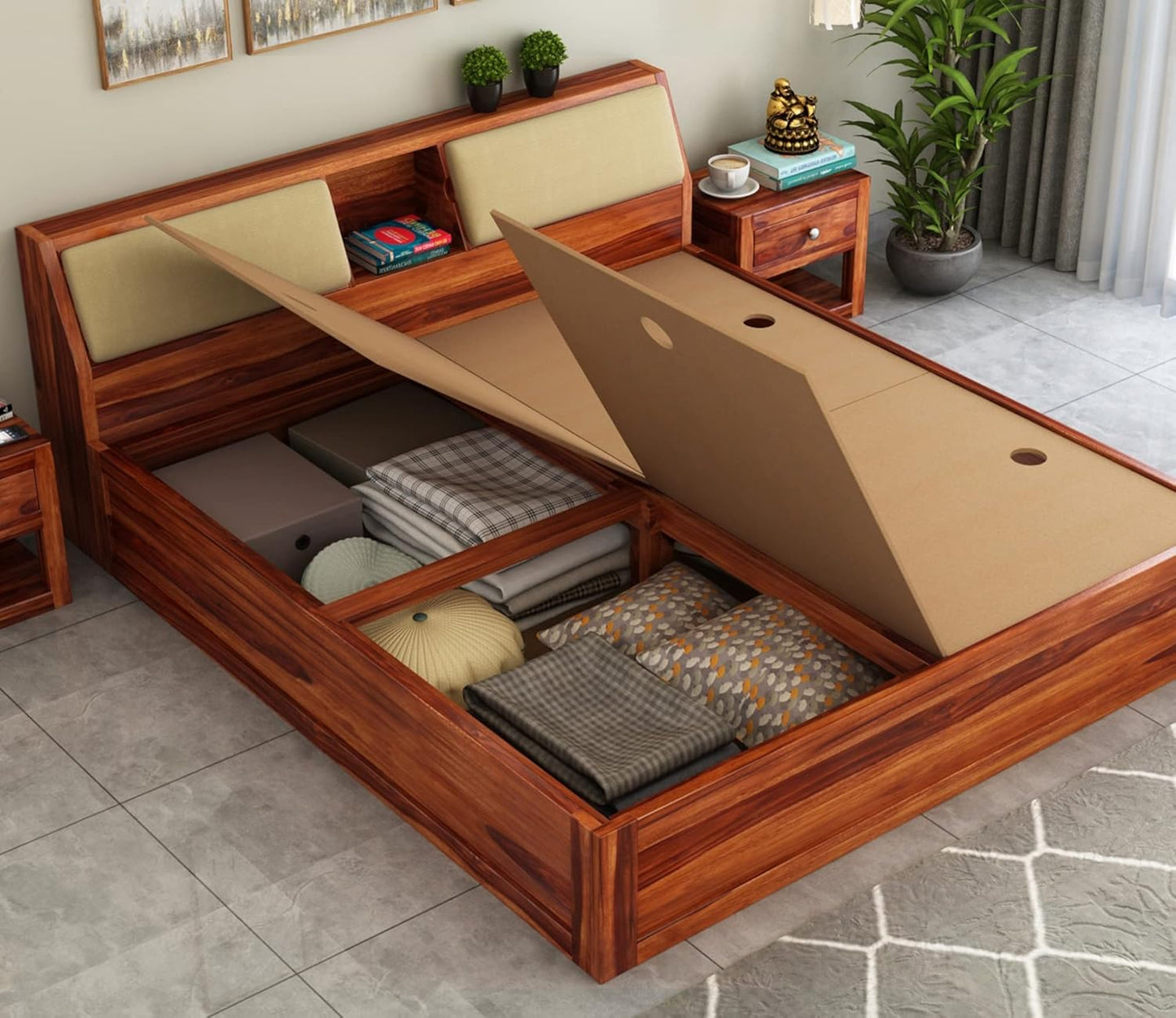 Hunky Sheesham Wood King Size Storage Bed – Wooden Double Bed for Bedroom & Living Room