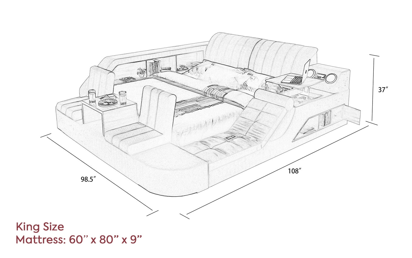 Hunky Multifunction Ultimate Smart Bed With Built-in Massage Chair, Speakers and Storage