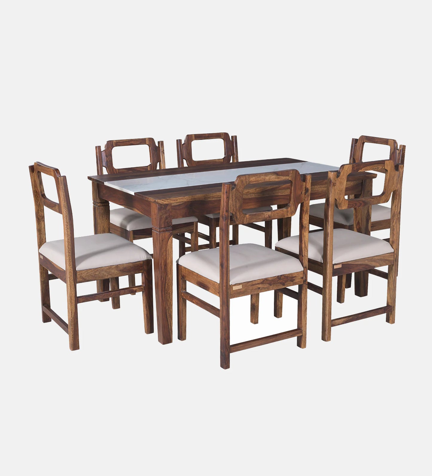 Hunky Riviera 6-Seater Sheesham Wood Quartz Top Dining Table Set (Teak Finish)