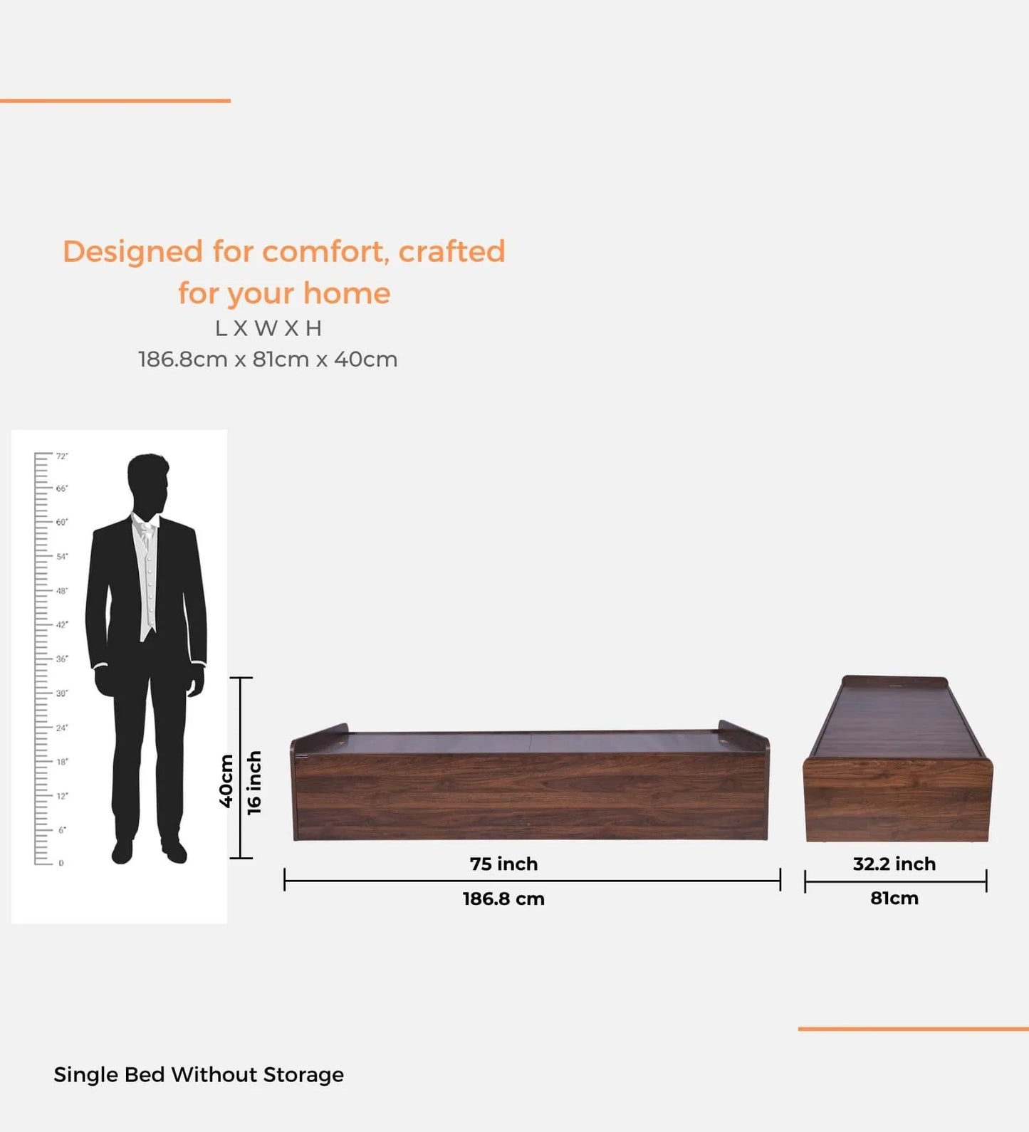 Single Size Bed in Columbian Walnut Finish with Box Storage