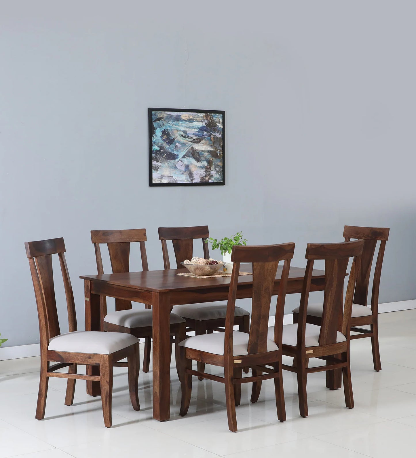 Hunky Riviera 6-Seater Sheesham Wood Quartz Top Dining Table Set (Teak Finish)