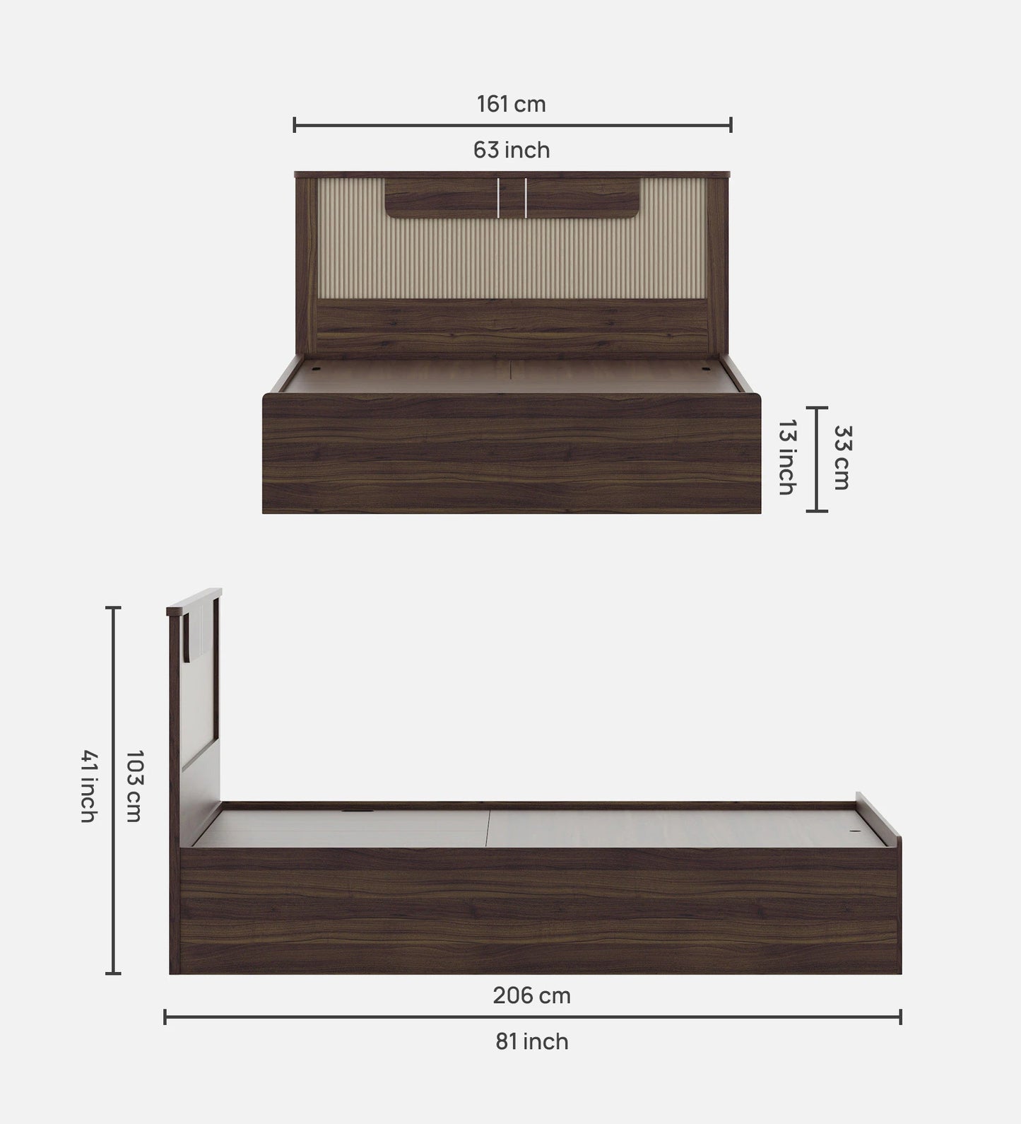 Hunky Queen Bed In Lyon Walnut Finish With Lifton & Hydraulic Storage