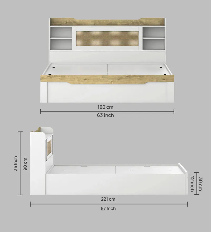 Jiipsy Queen Size Bed in Kingston White & Sebastian Oa Finish with Box Storage