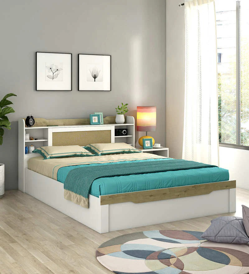 Jiipsy Queen Size Bed in Kingston White & Sebastian Oa Finish with Box Storage