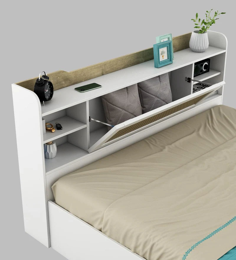 Jiipsy Queen Size Bed in Kingston White & Sebastian Oa Finish with Box Storage