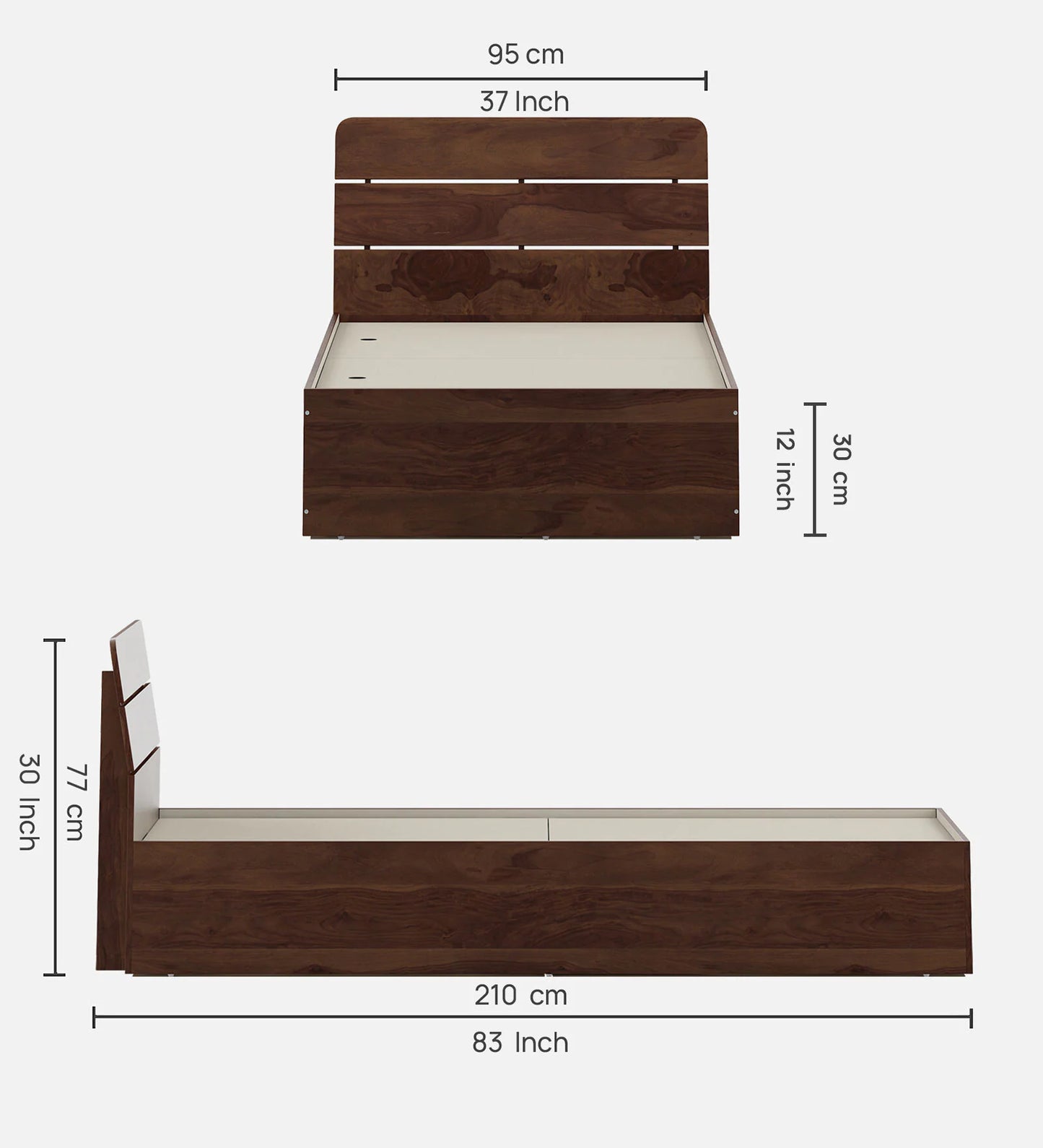 Hunky Single Bed in Sheesham Finish with Box Storage