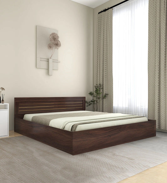 Hunky Jipssy King Size Bed with Box Storage in Walnut Melamine Finish