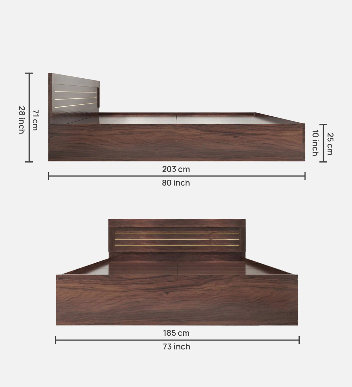 Hunky Jipssy King Size Bed with Box Storage in Walnut Melamine Finish