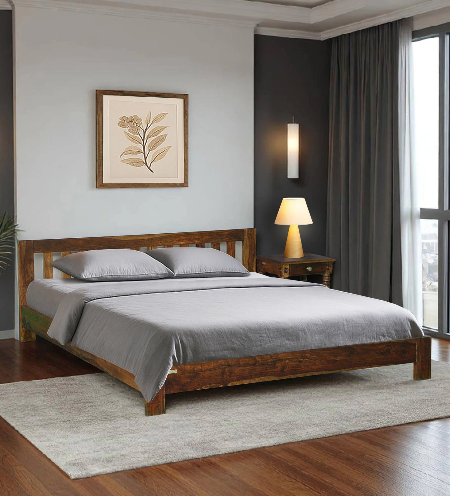 Hunky Sheesham Wood Queen Size Bed In Scratch Resistant Provincial Teak Finish