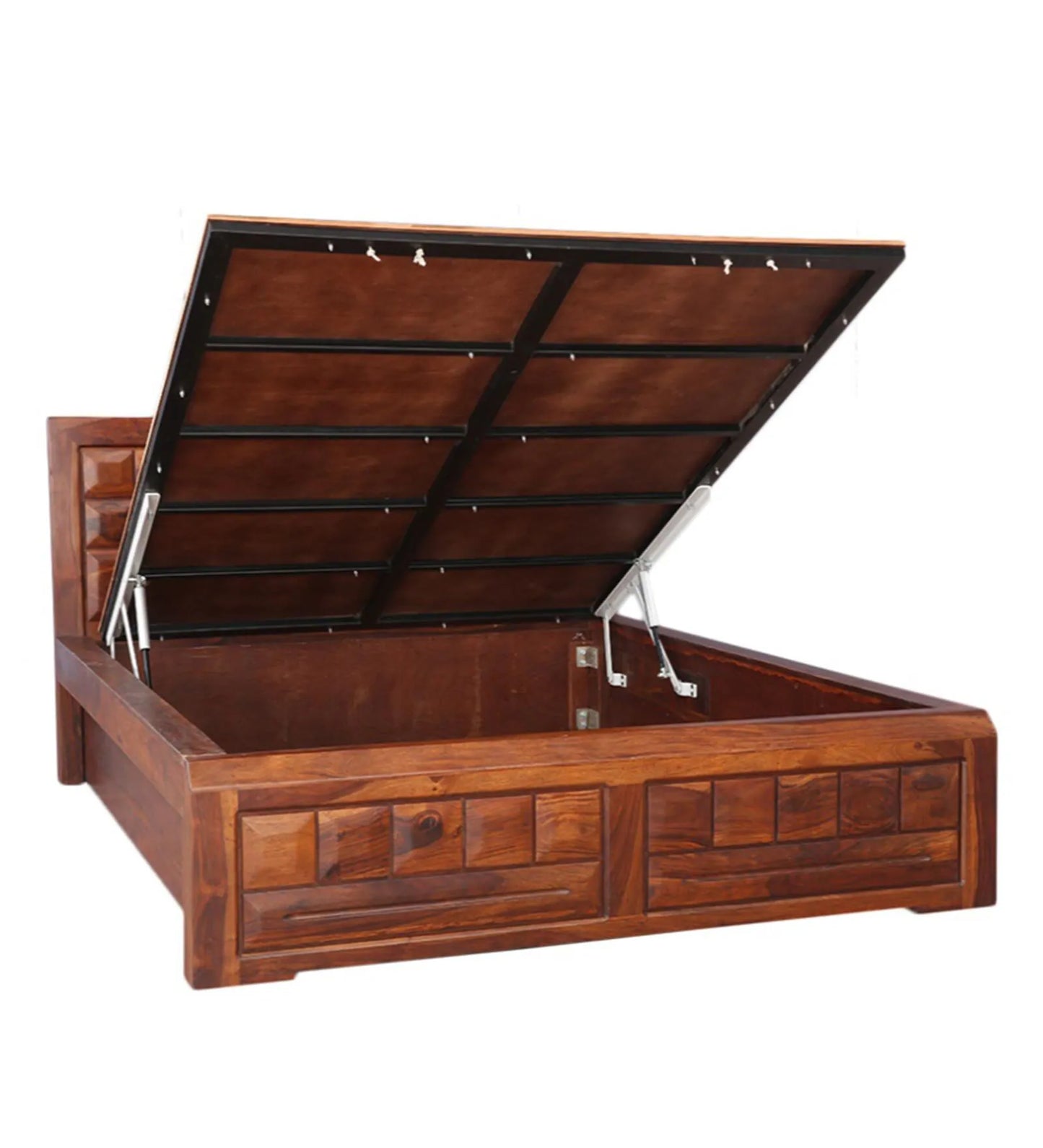 Hunky Woodrow King Bed with Hydraulic Storage in Honey Finish – Style Meets Smart Functionality